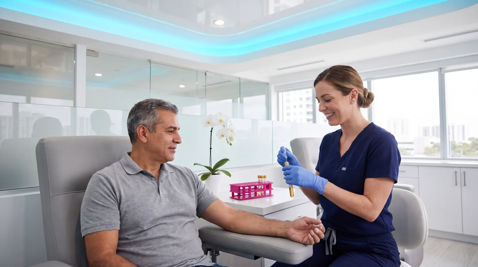 Clinician drawing blood to check glucose and IGF-1 levels during tesamorelin monitoring