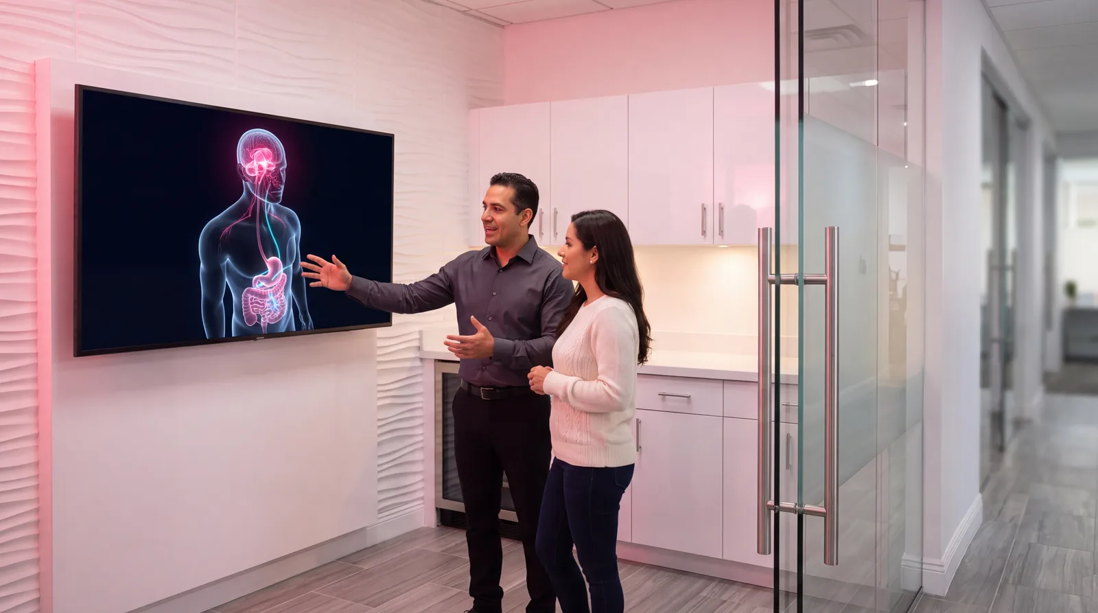 Clinician and patient discussing a wall render of the brain and the gut-pancreas pathway in a clinic huddle bay