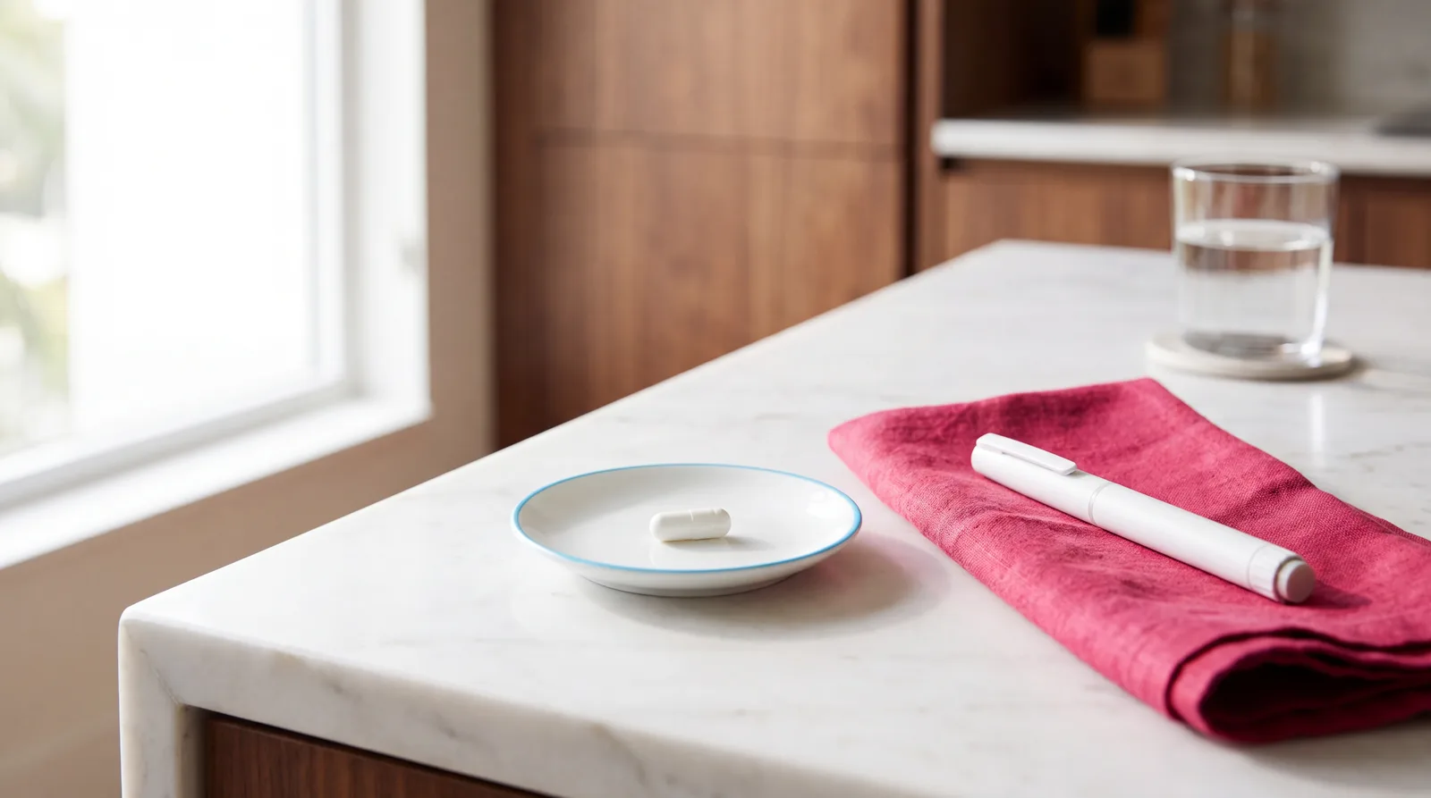 A plain capsule and a plain weekly injector pen side by side on a marble counter