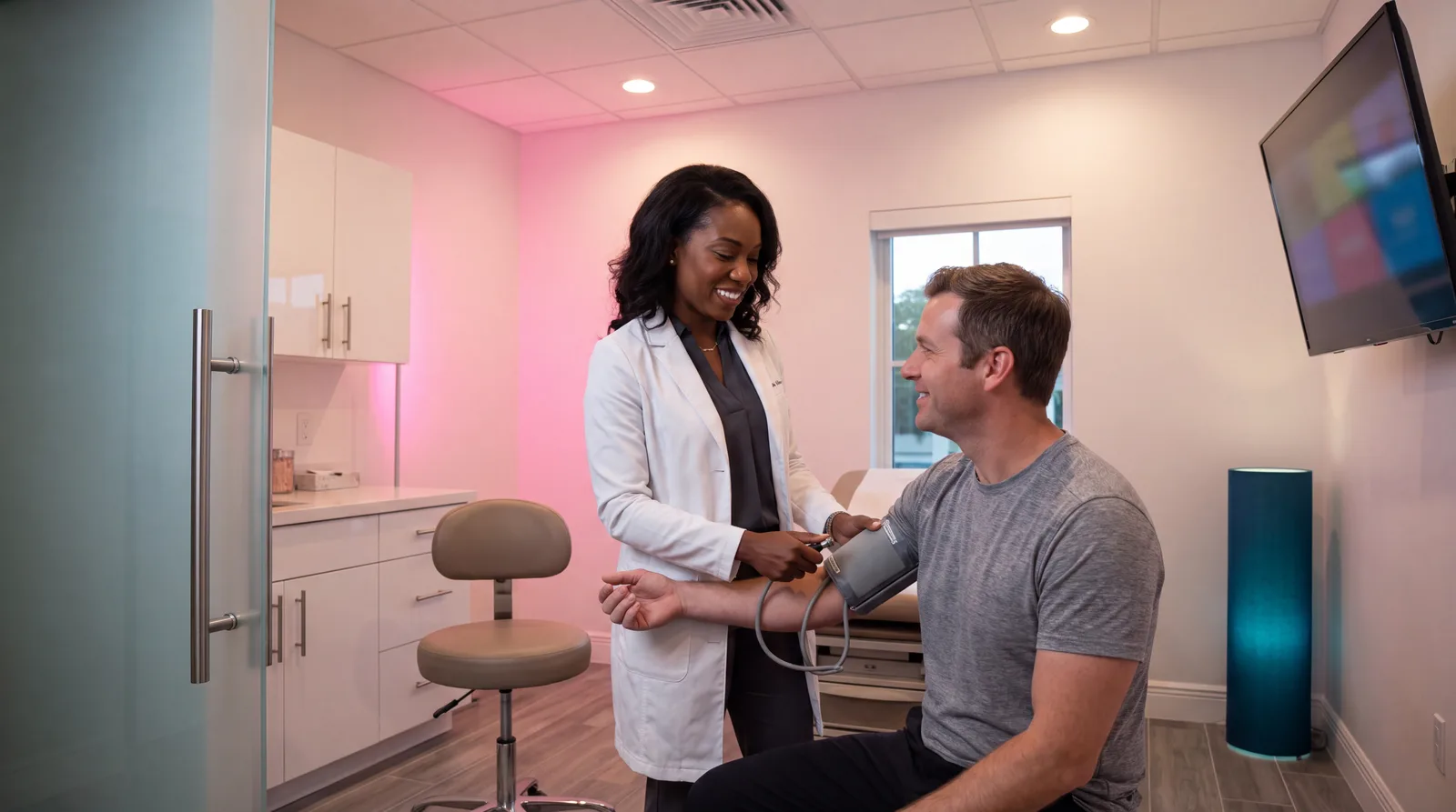 Clinician taking a fit older man's blood pressure in a white-and-chrome Miami clinic exam room