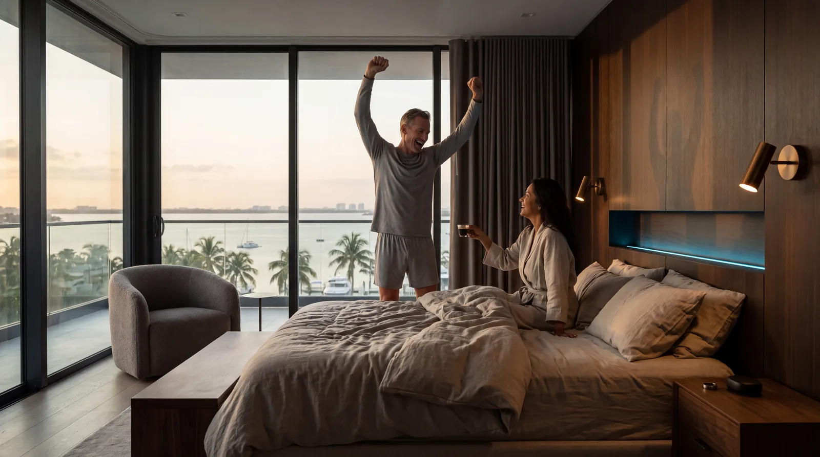 Man stretching at dawn beside his bed as sunrise hits Biscayne Bay through floor-to-ceiling glass