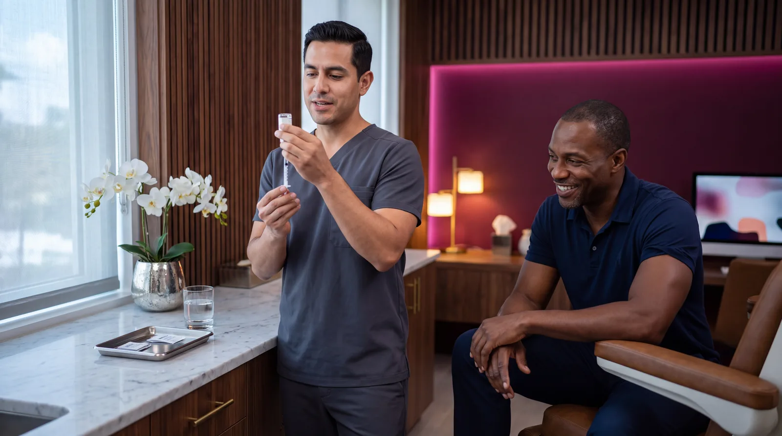 Clinician draws from a plain glass vial with a fine syringe while a seated patient talks with him