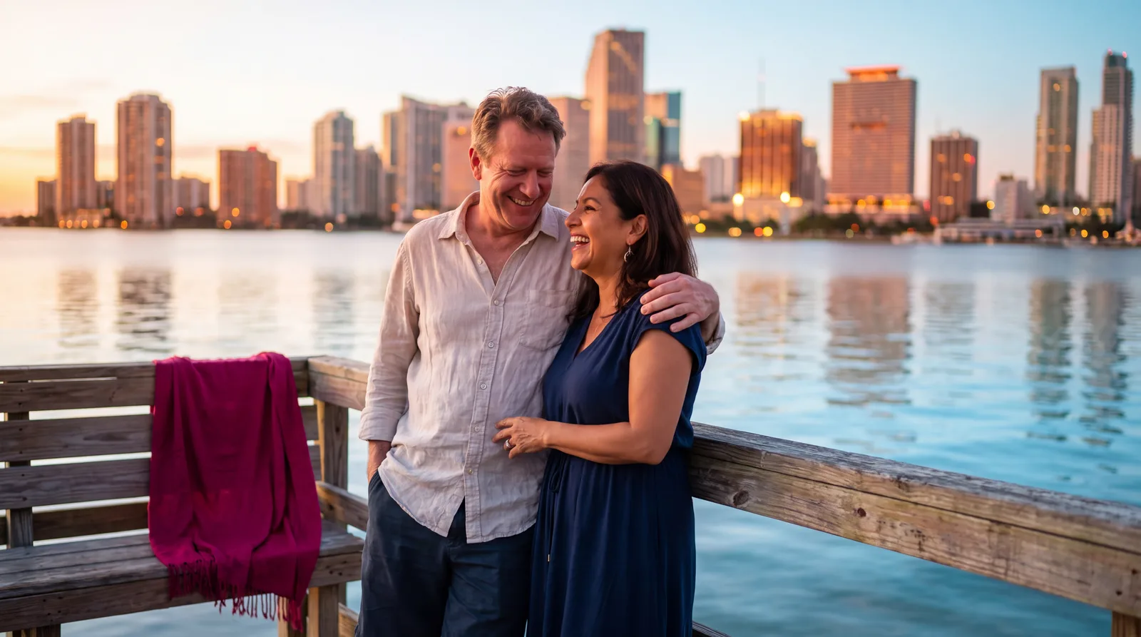 Couple in their fifties laughing together on a sunset cruise on Biscayne Bay