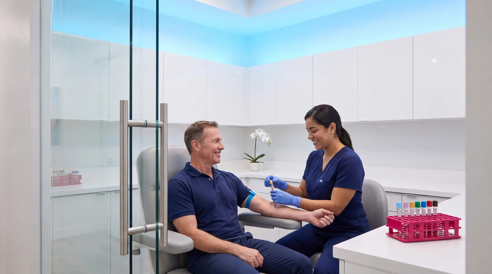 Man in his fifties getting a quick follow-up blood draw at a Miami clinic