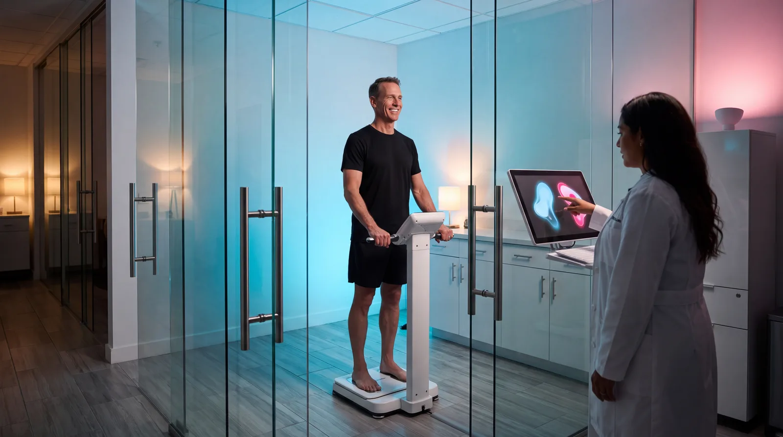 Man standing on a white body-composition analyser while a clinician reviews the volumetric body render