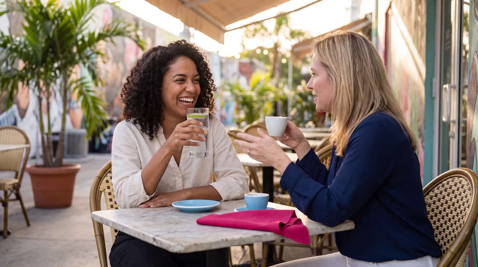 Two friends in their fifties at a Wynwood café terrace, one choosing sparkling water with lime