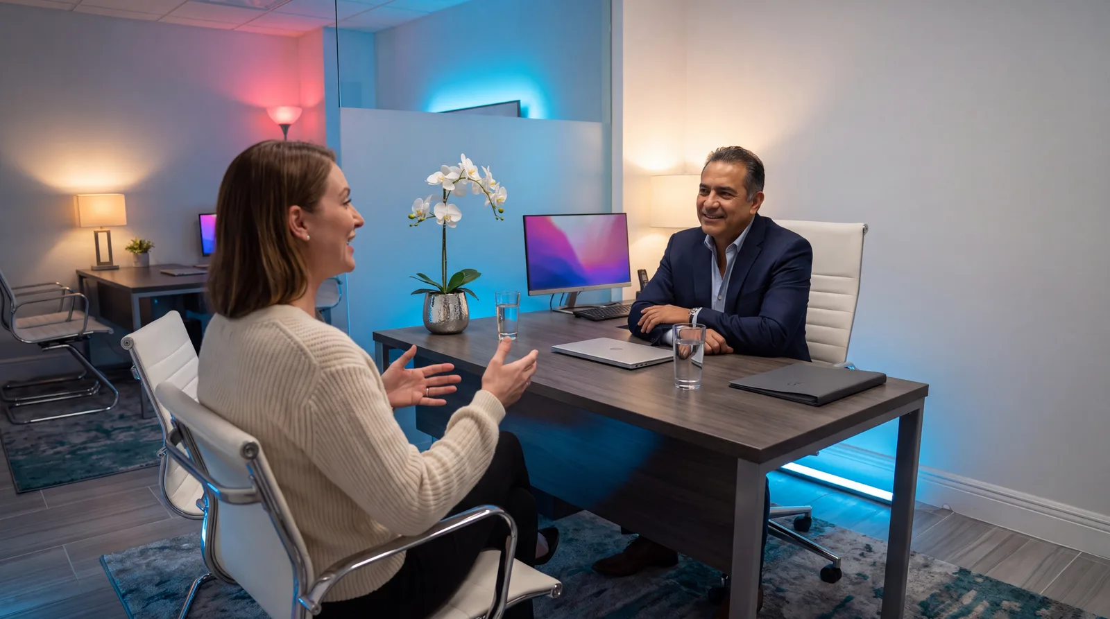 Patient and physician talking across a desk in a glass-walled Rewind consultation room