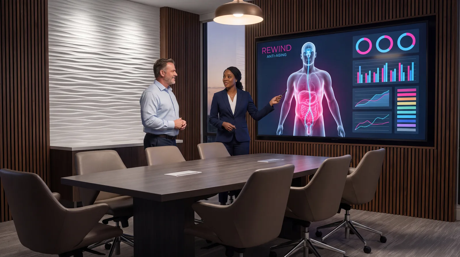 Doctor and patient discussing a wall display showing a male torso render with visceral fat and the HPG axis lit
