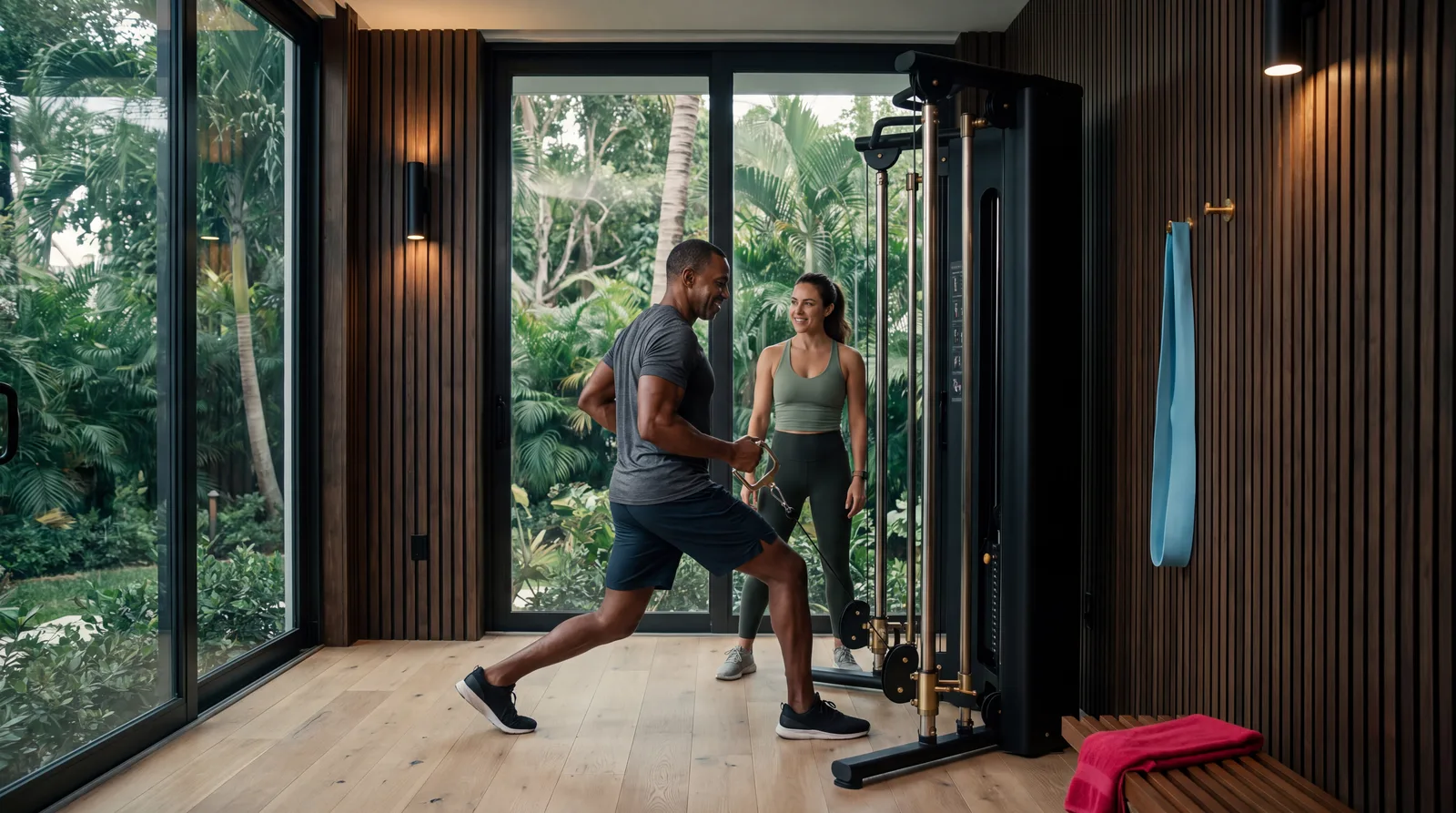 Man in his fifties doing supervised resistance training with a trainer in a private studio gym