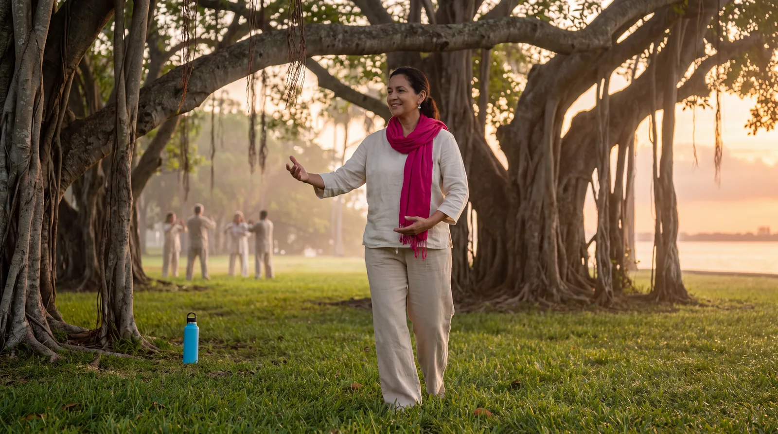 Woman in her fifties practising tai chi in a Miami park at sunrise