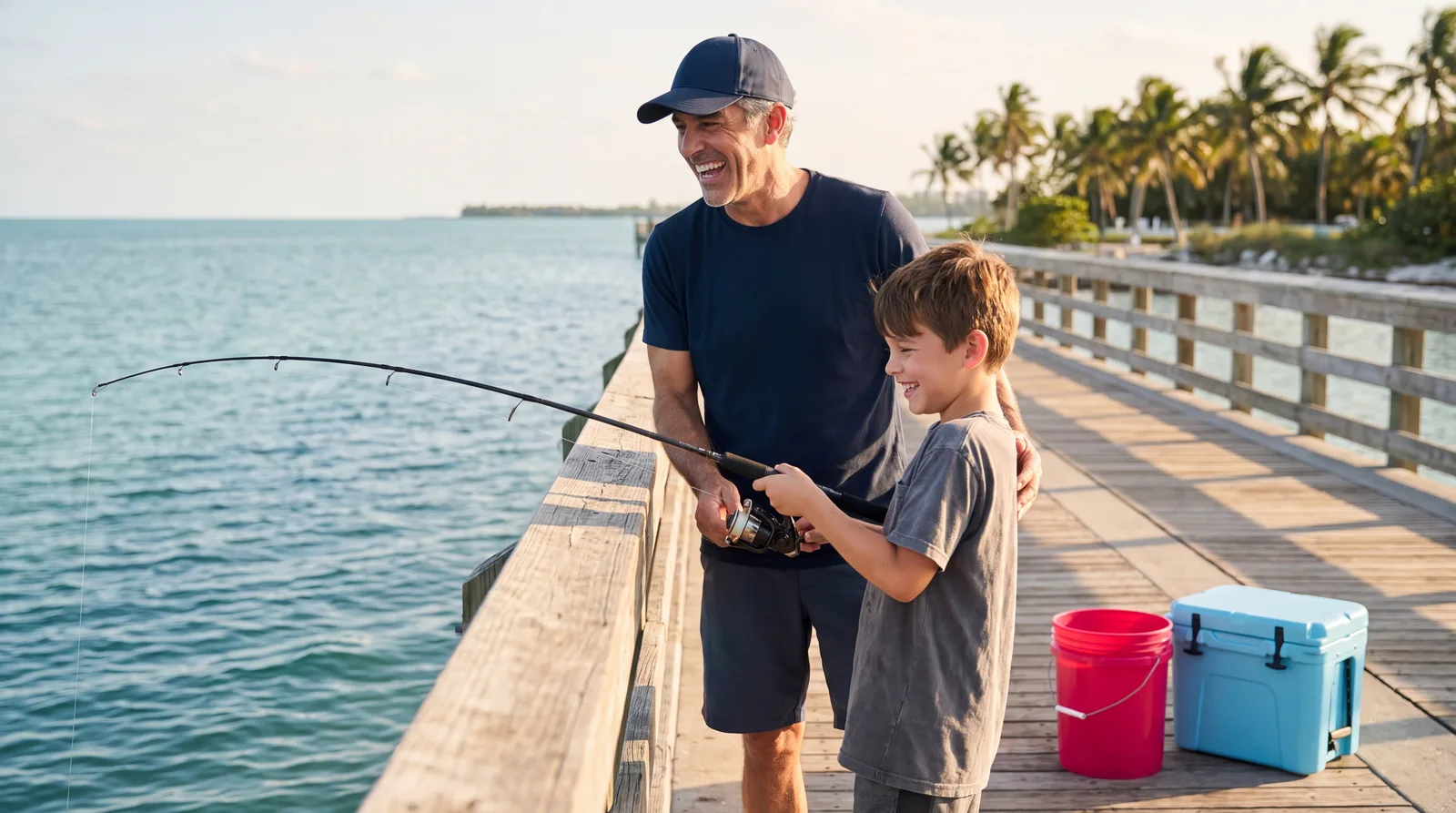 Man in his late fifties fishing with his grandson off a Key Biscayne pier
