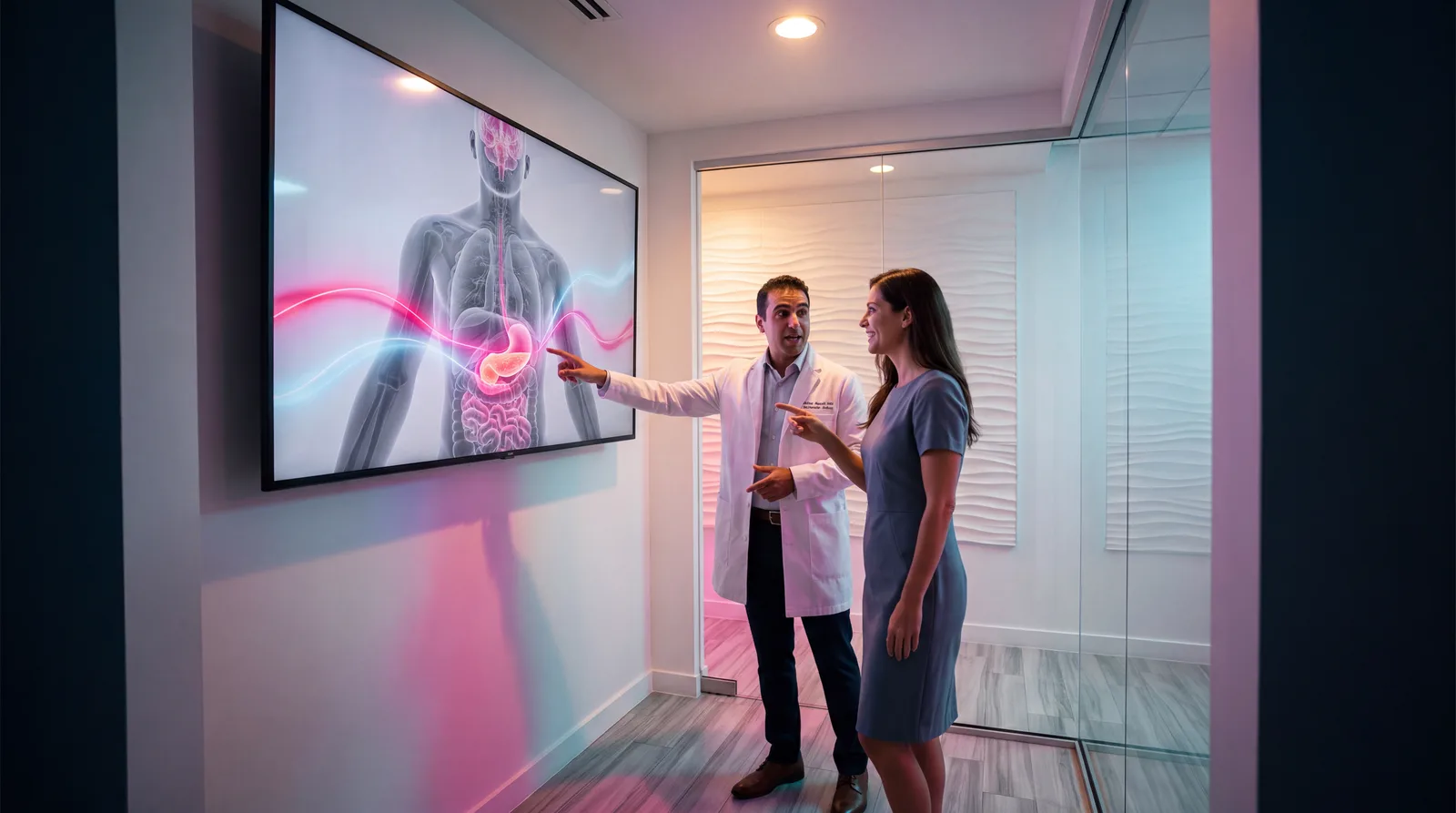 Clinicians studying a volumetric torso render showing stomach, pancreas and gut pathways lit in magenta and cyan
