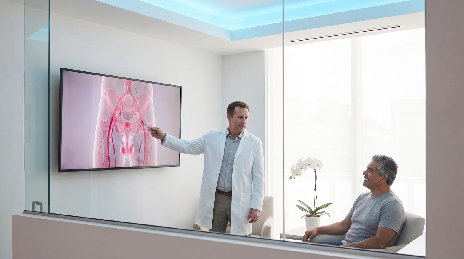 Physician and patient reviewing a simple blood-flow render on a clinic screen