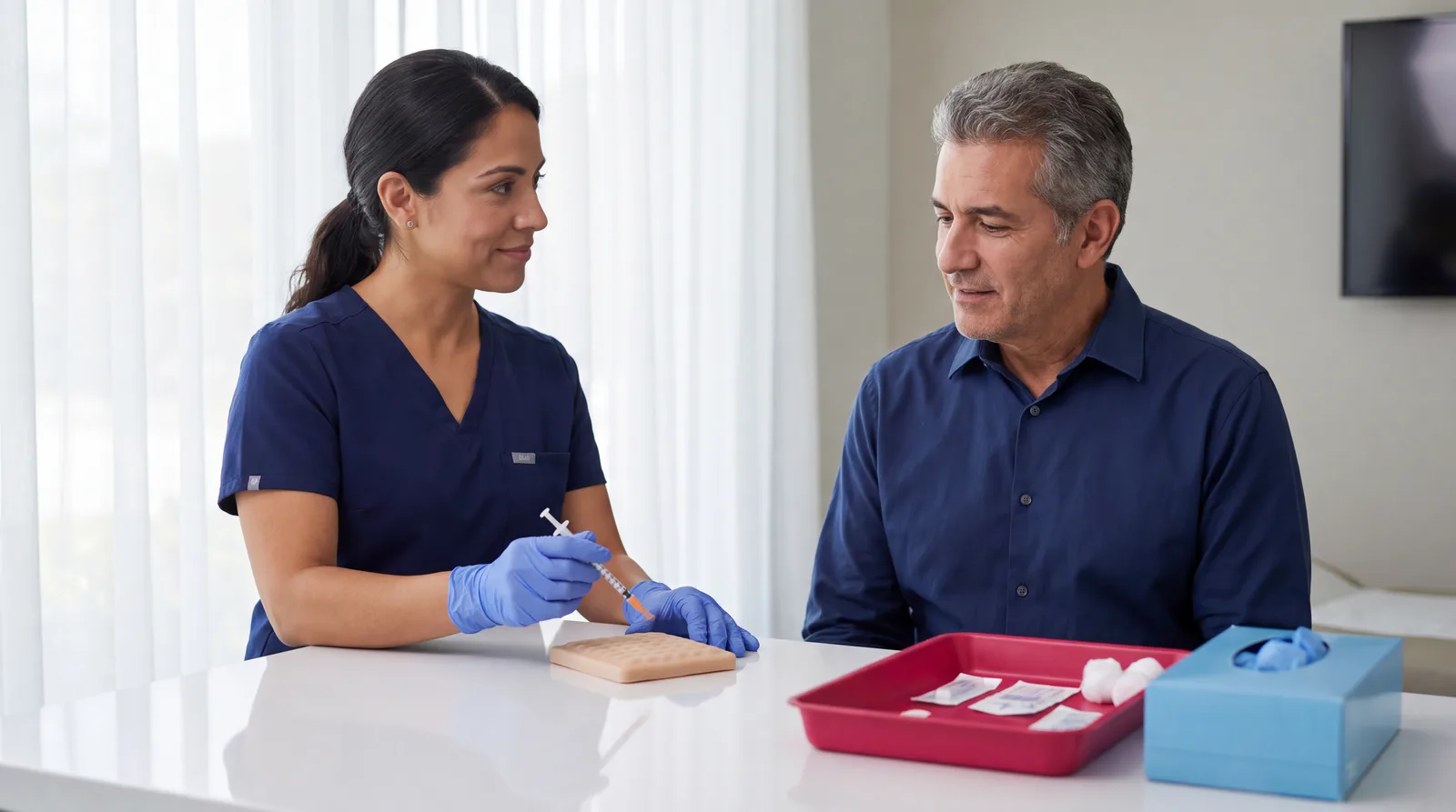 Clinician teaching injection technique on a practice pad to a patient in a clinic room