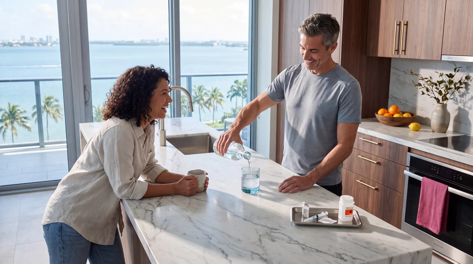 Man pouring sparkling water in a Miami condo kitchen on injection day, his TRT supplies set neatly aside