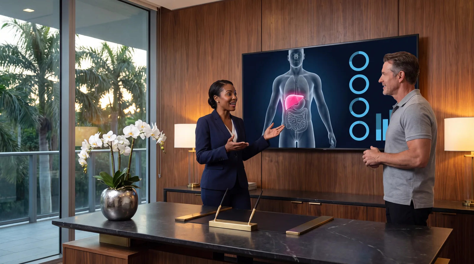 Physician and male patient reviewing a torso render with the liver highlighted on a wall display