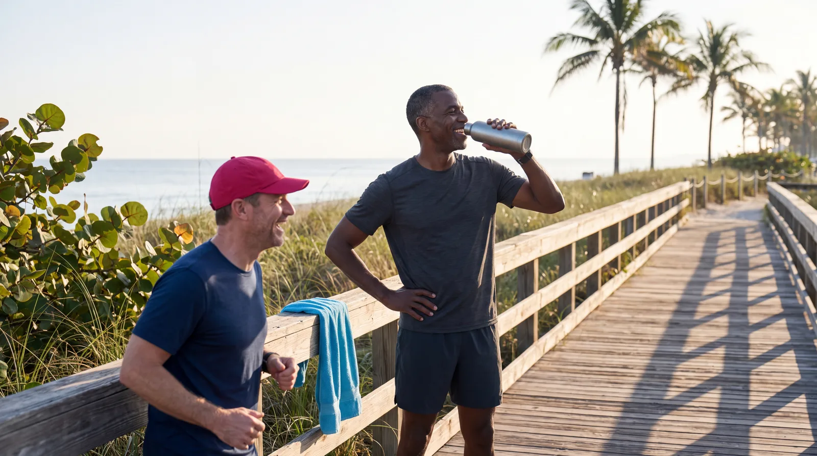 Fit man in his fifties drinking water after a sunrise run on the Miami Beach boardwalk with a friend