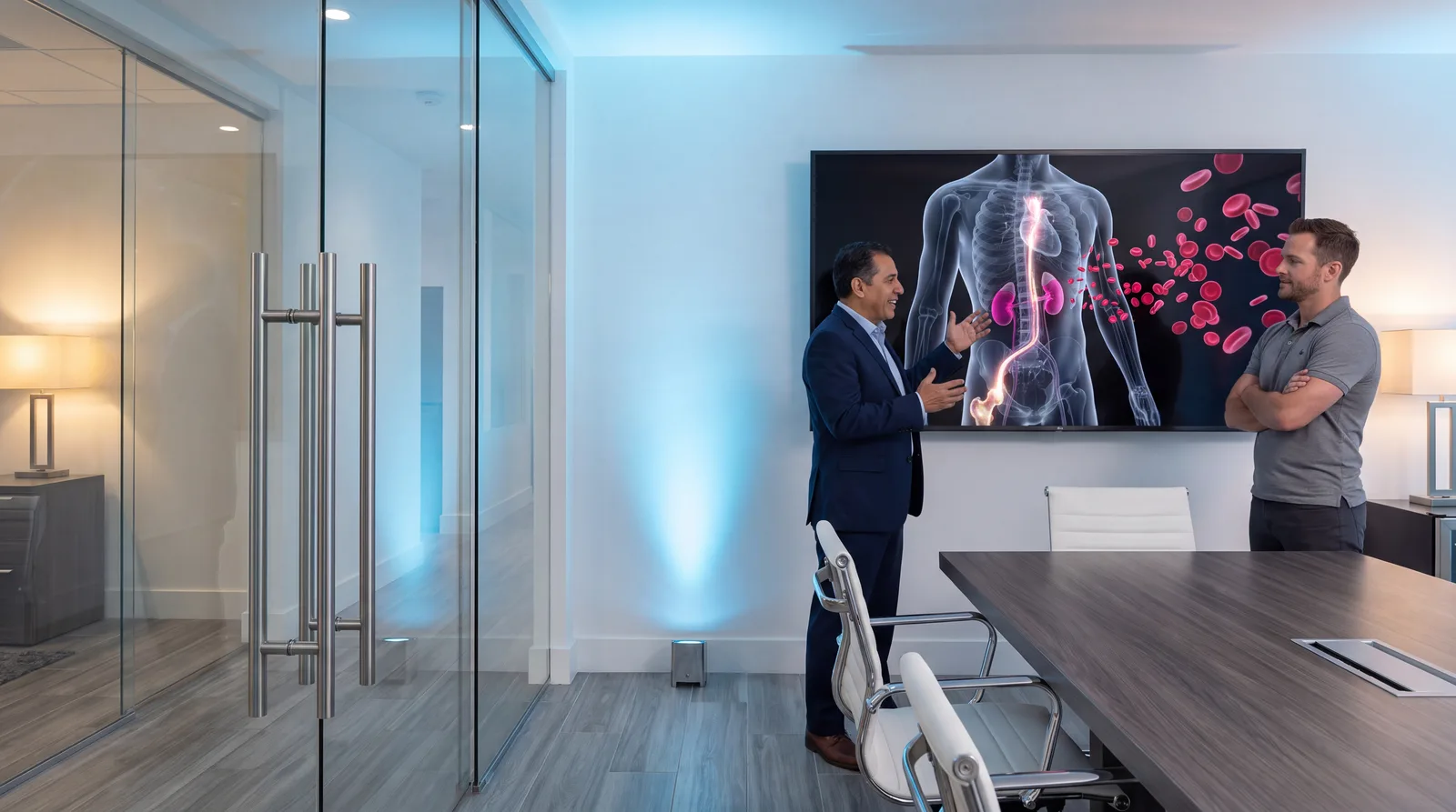 Doctor and patient studying a large anatomical render of kidneys, bone marrow and red blood cells