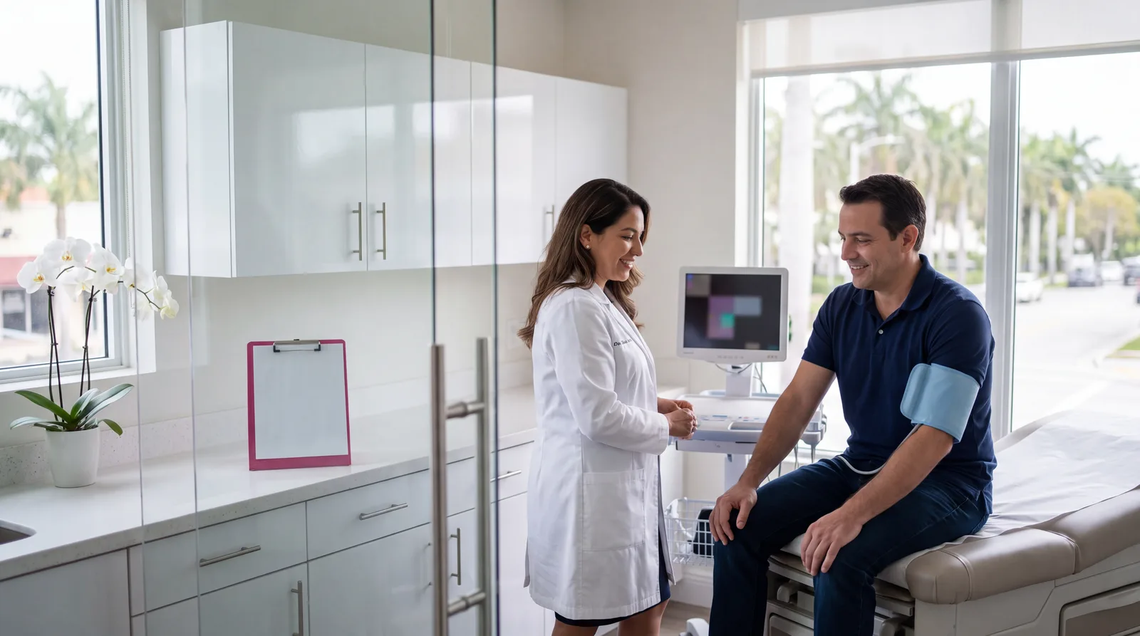 Clinician reviewing a man's blood pressure reading during a TRT follow-up visit