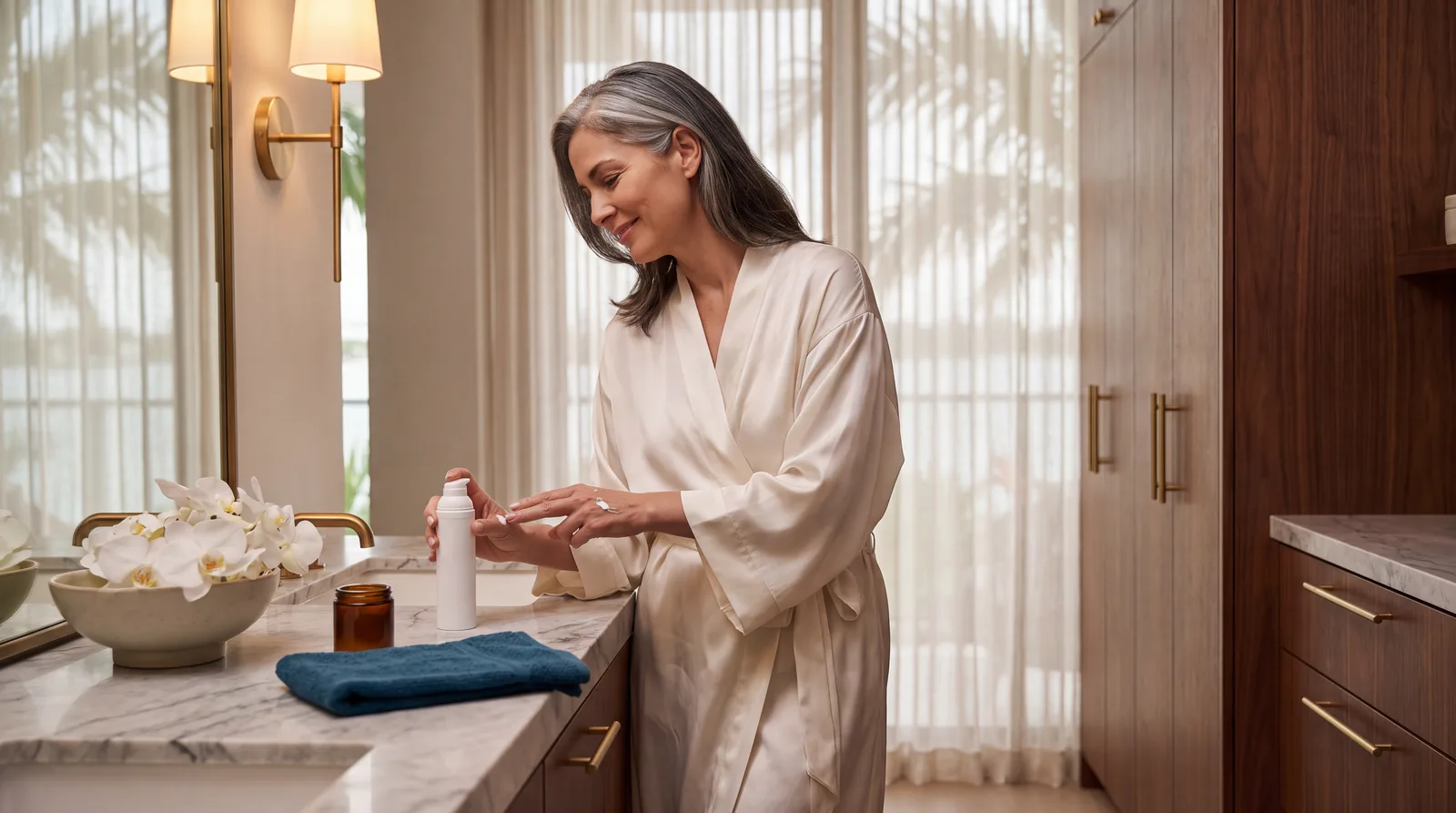 Woman in her early fifties applying a transdermal hormone cream to her forearm at a marble home vanity