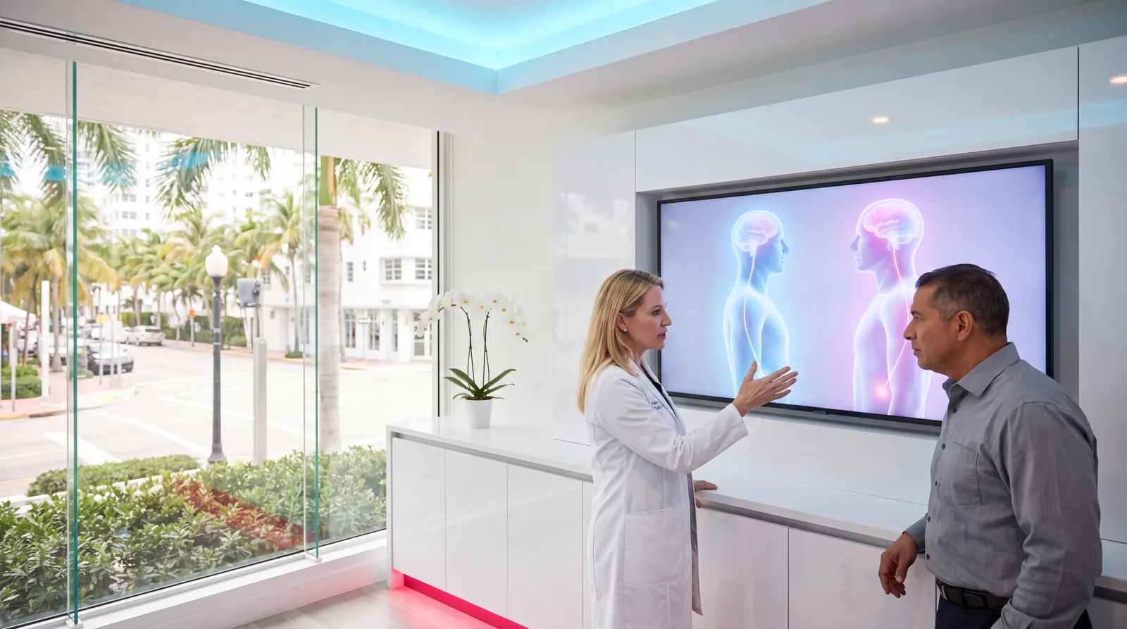 Physician and patient comparing male and female hormone pathways on a clinic screen