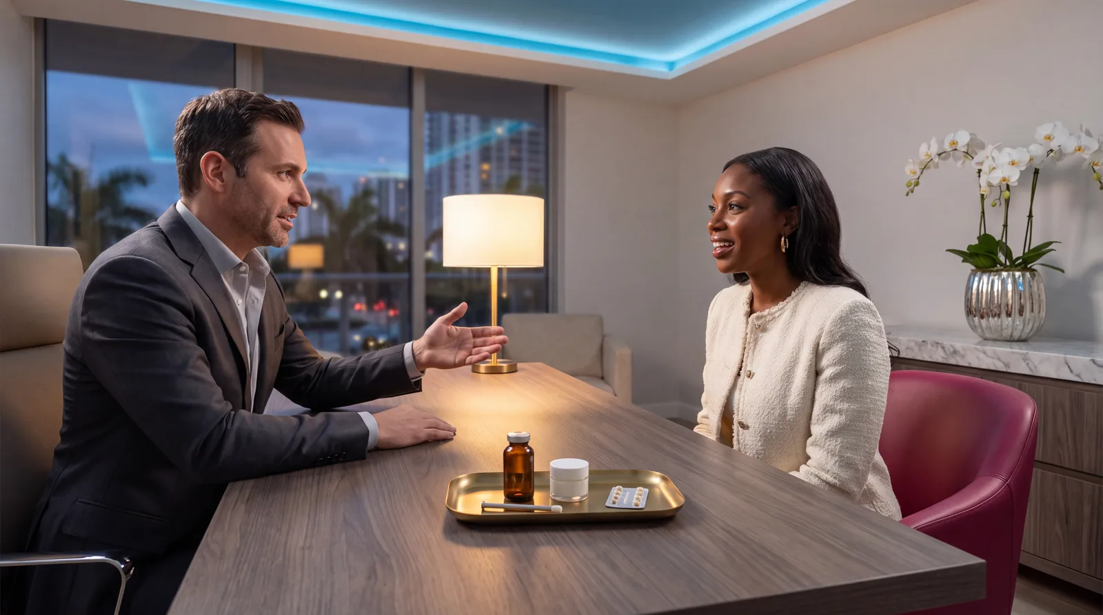 Clinician and woman in consultation at a walnut desk with a tray of plain hormone delivery items between them