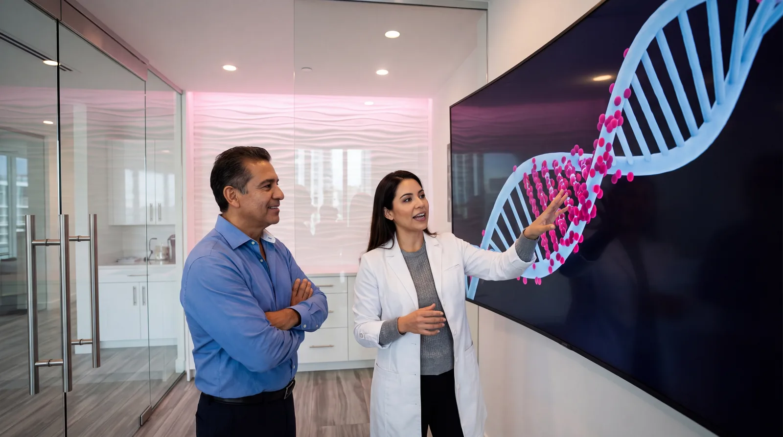 Technician studying a large volumetric DNA double-helix methylation render in a Miami clinic scan room