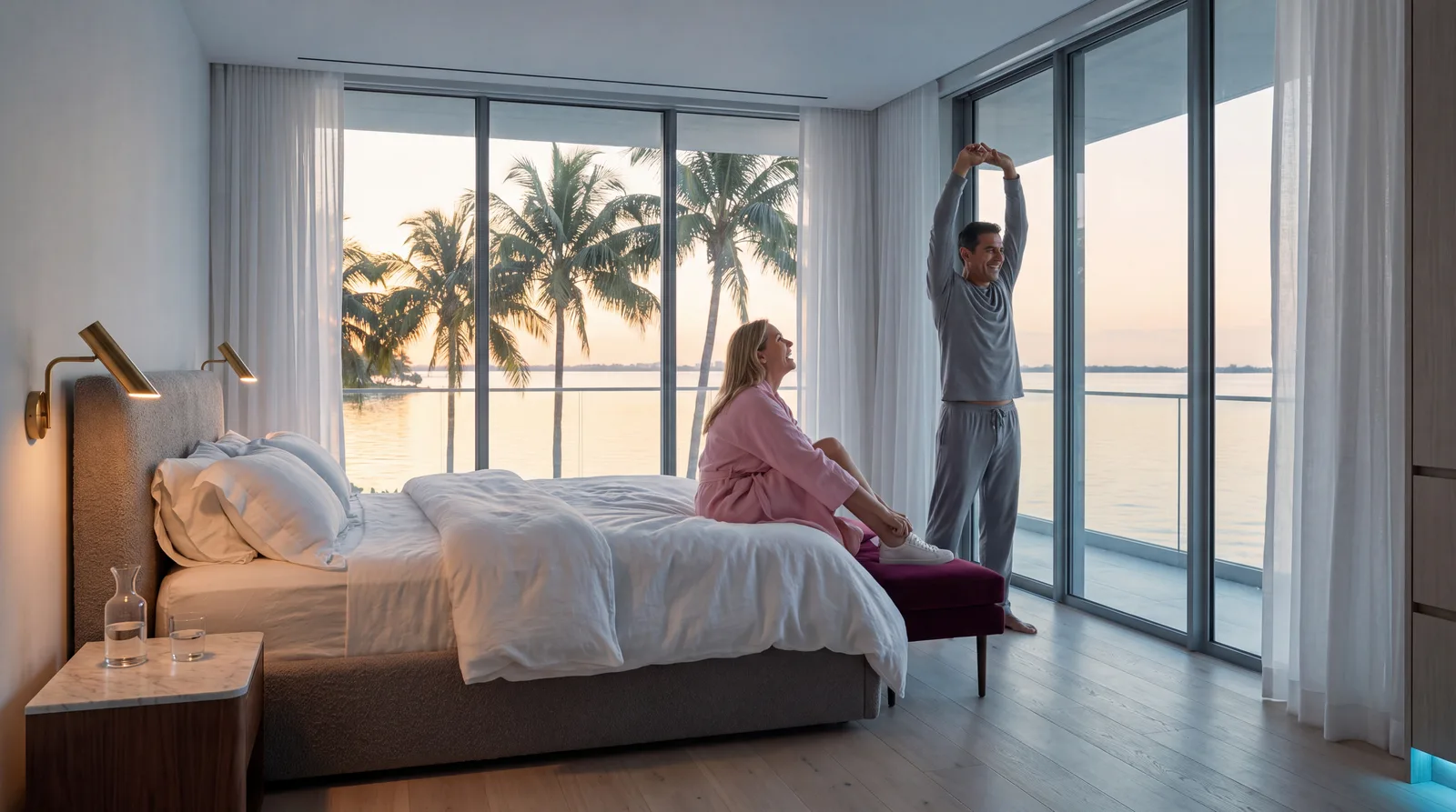 Couple waking at dawn in an affluent Miami bayfront bedroom, stretching by floor-to-ceiling glass