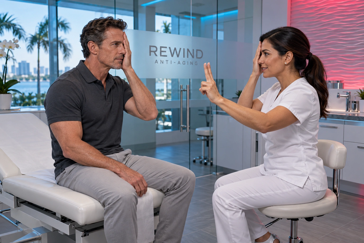 A man in a charcoal polo sits on a white examination table opposite a woman in white clinical clothing. Both cover one eye while she holds up two fingers; a frosted REWIND ANTI-AGING glass band, palm-lined waterfront, cyan ceiling lighting and pink-lit relief wall surround them. No screens are visible.