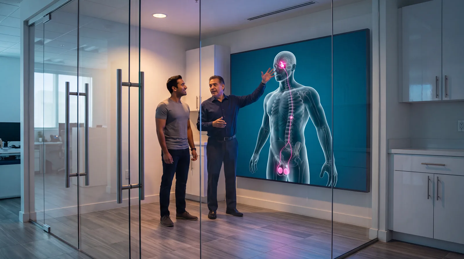 Clinician and patient study a wall-sized anatomical render of the brain-pituitary-testes hormone axis
