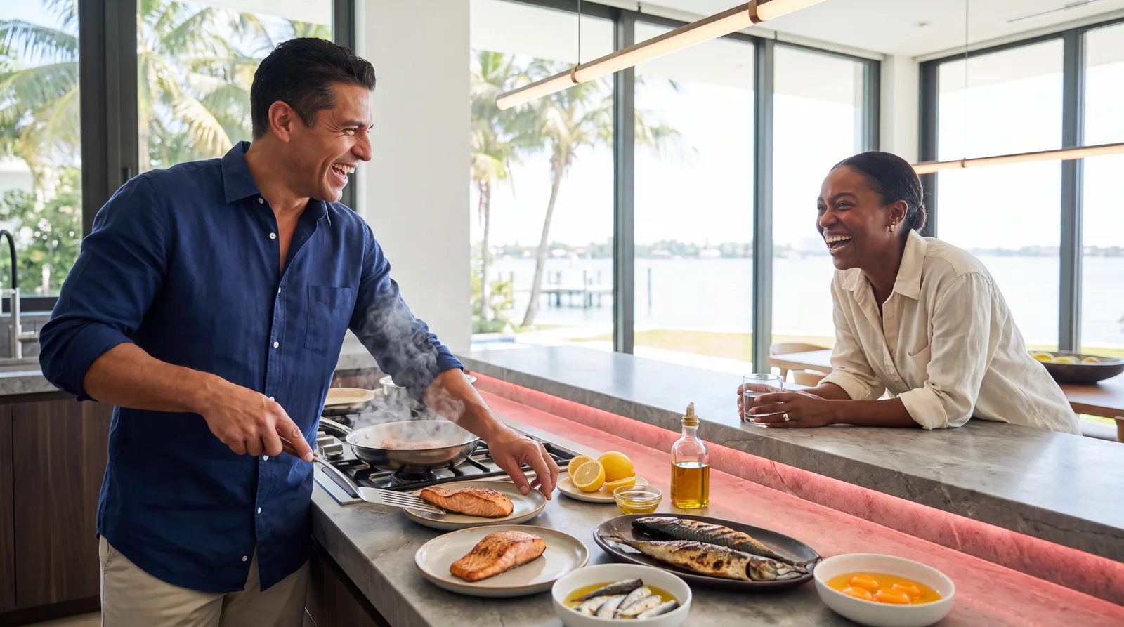 Man plating seared wild salmon beside sardines and egg yolks in a bright Miami kitchen as a friend watches