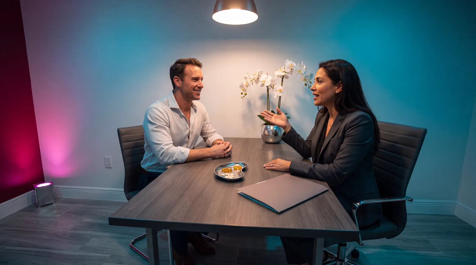 Physician and patient across a clinic table discussing vitamin D dosing, amber softgels in a small dish
