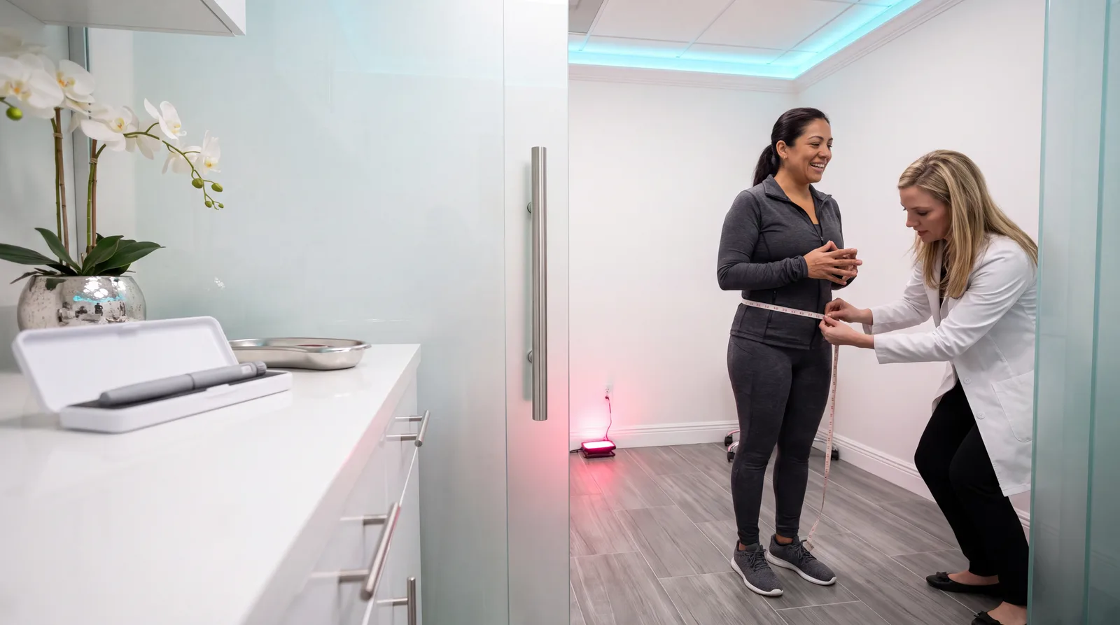 Clinician measuring a woman's waist with a tape in a bright Miami clinic exam room, both smiling
