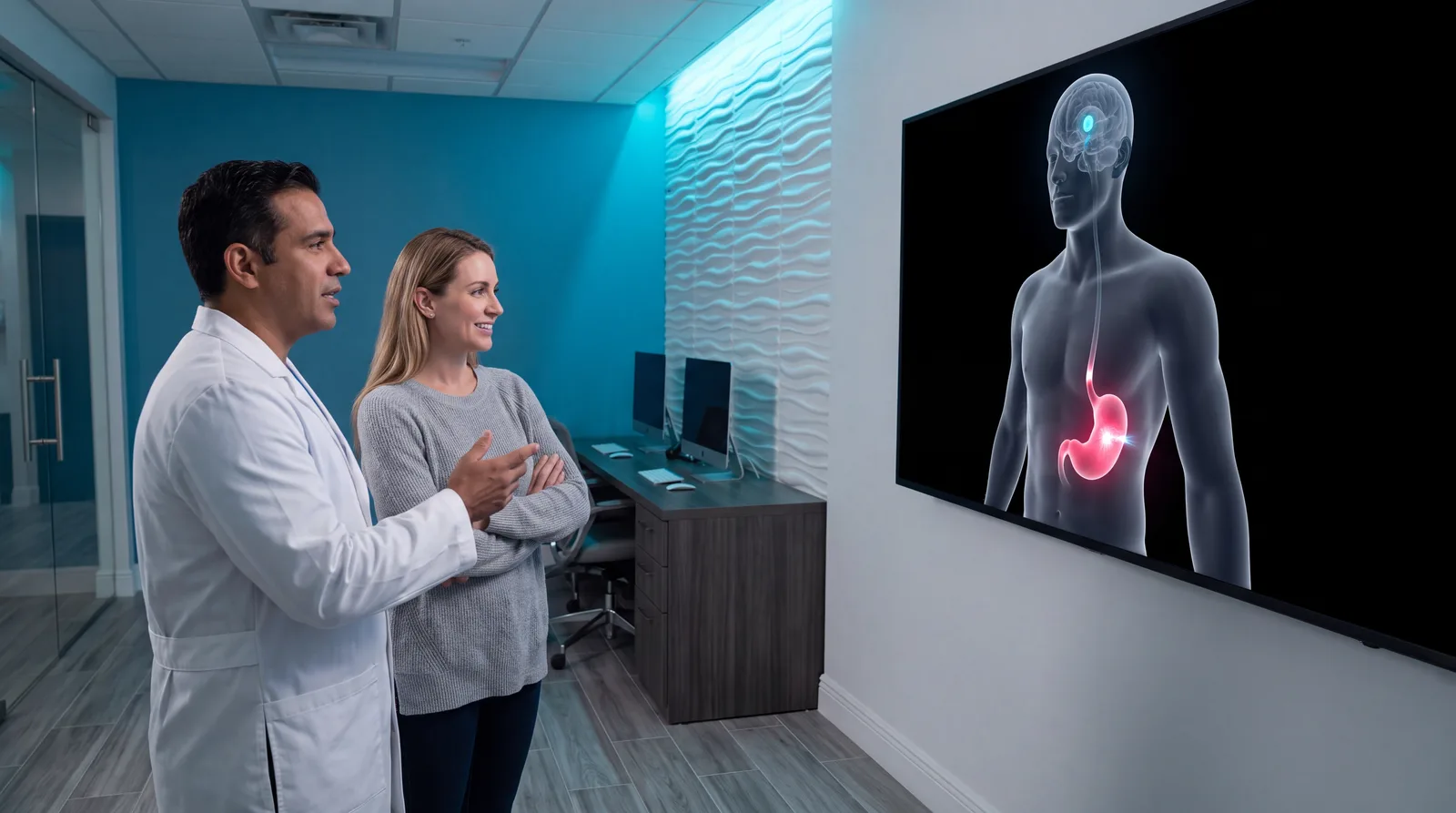 Clinician and patient study a large volumetric render of stomach and brain satiety pathway at a workstation
