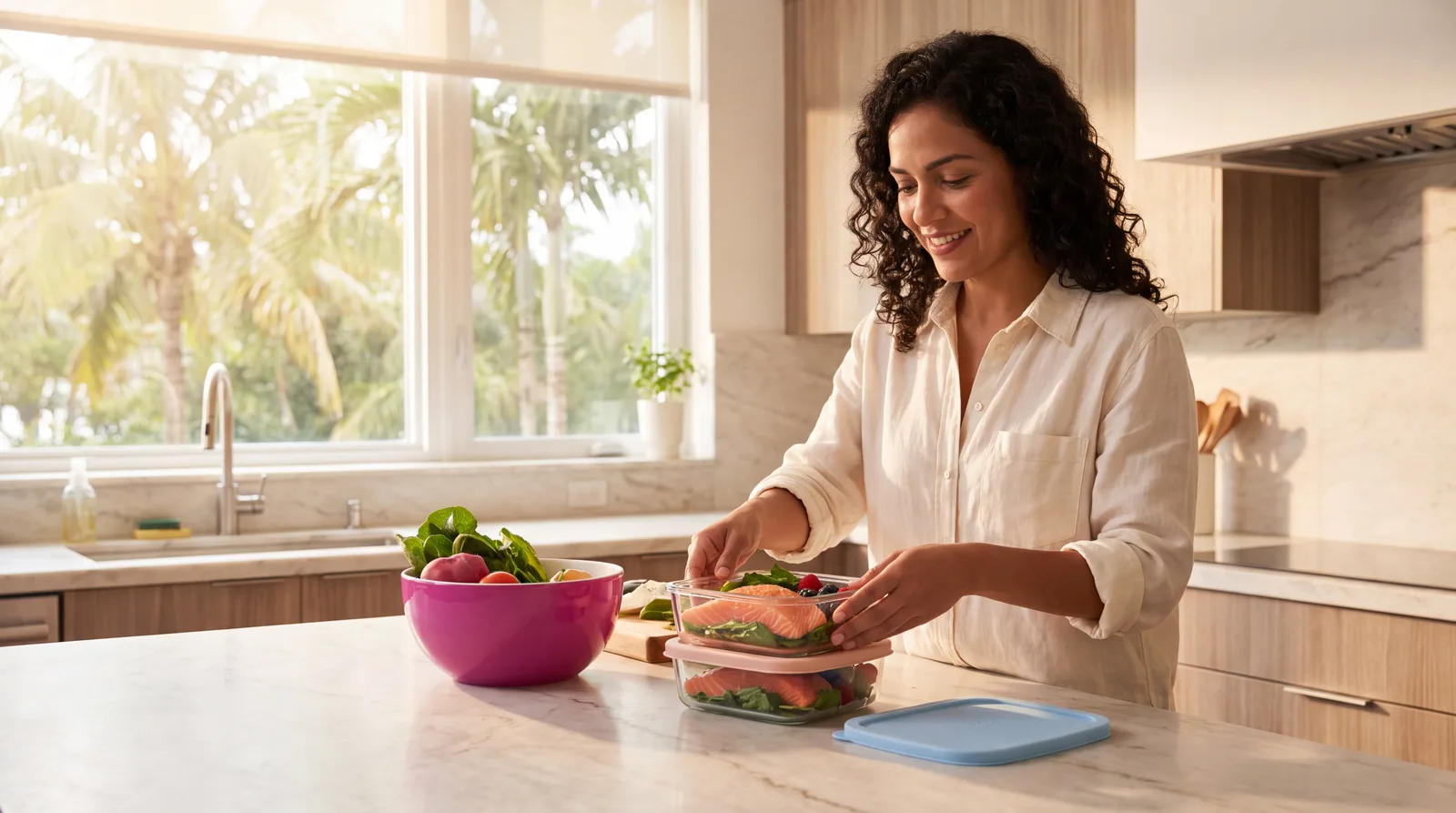 Woman in her fifties planning her week of meals in her kitchen with fresh produce