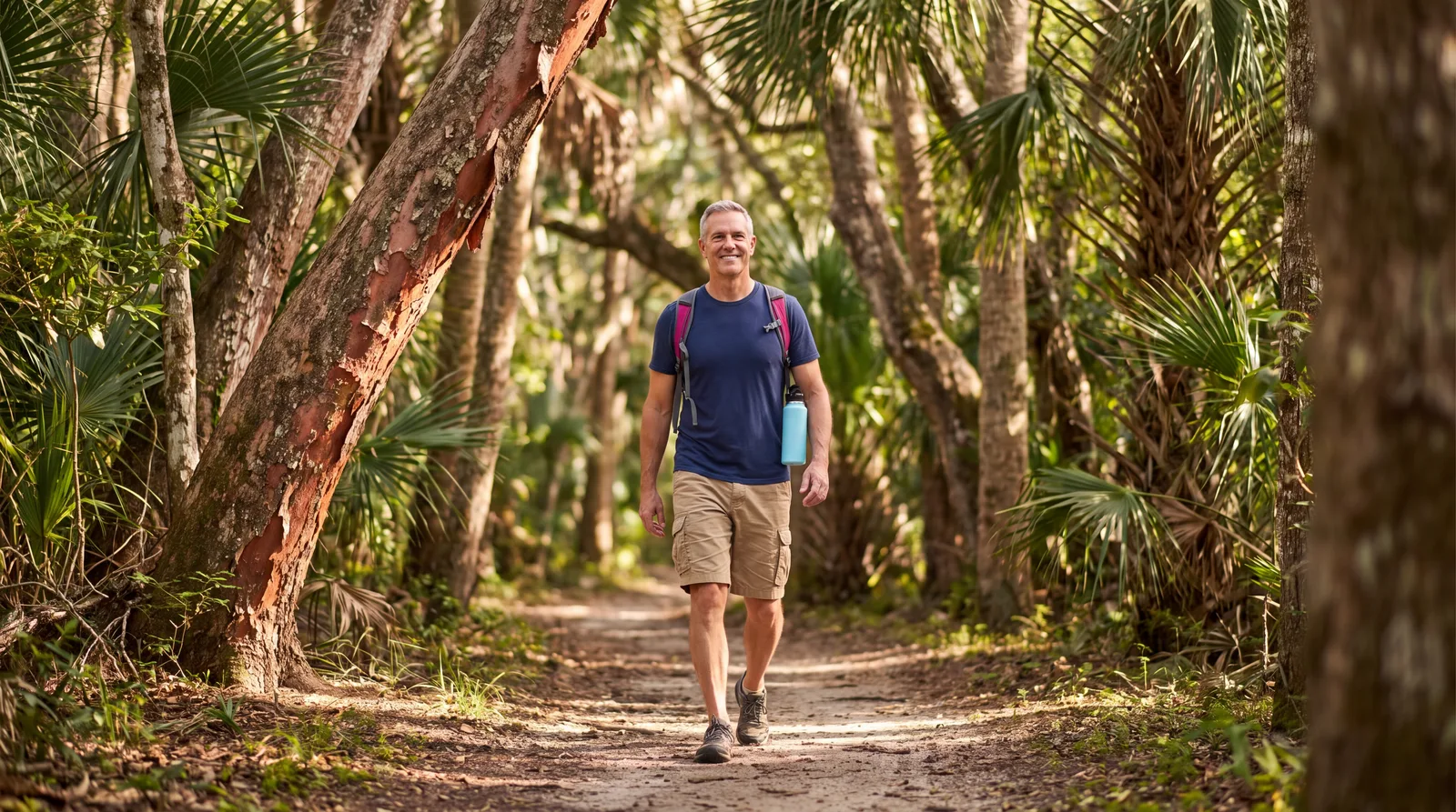 Man in his fifties hiking a shaded trail at Deering Estate, energised