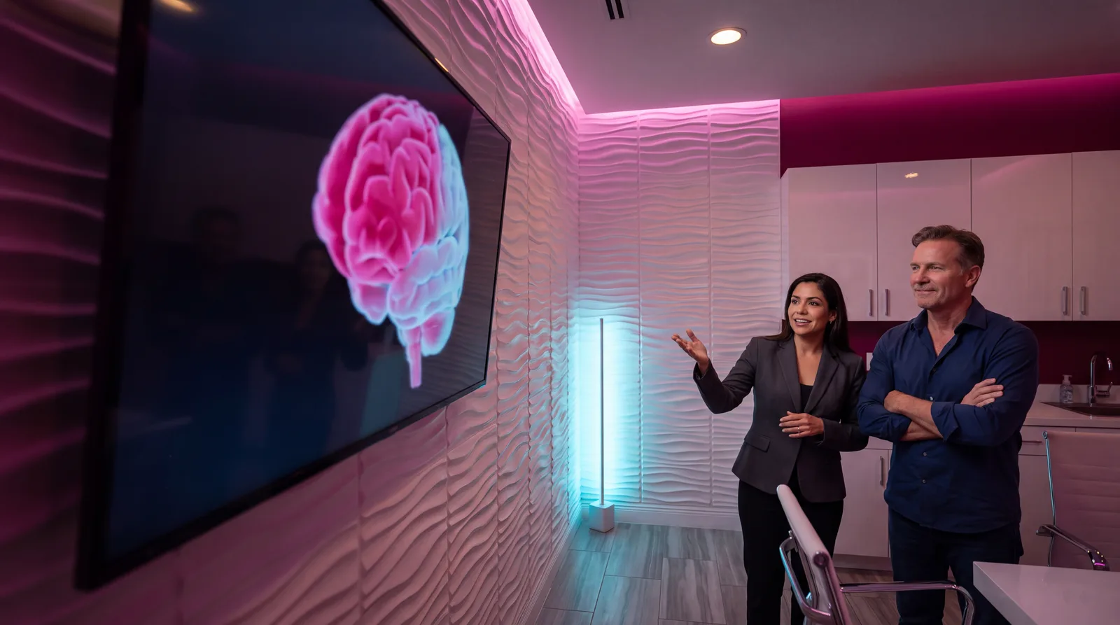 Clinician and patient standing at a large wall display showing a glowing volumetric brain render