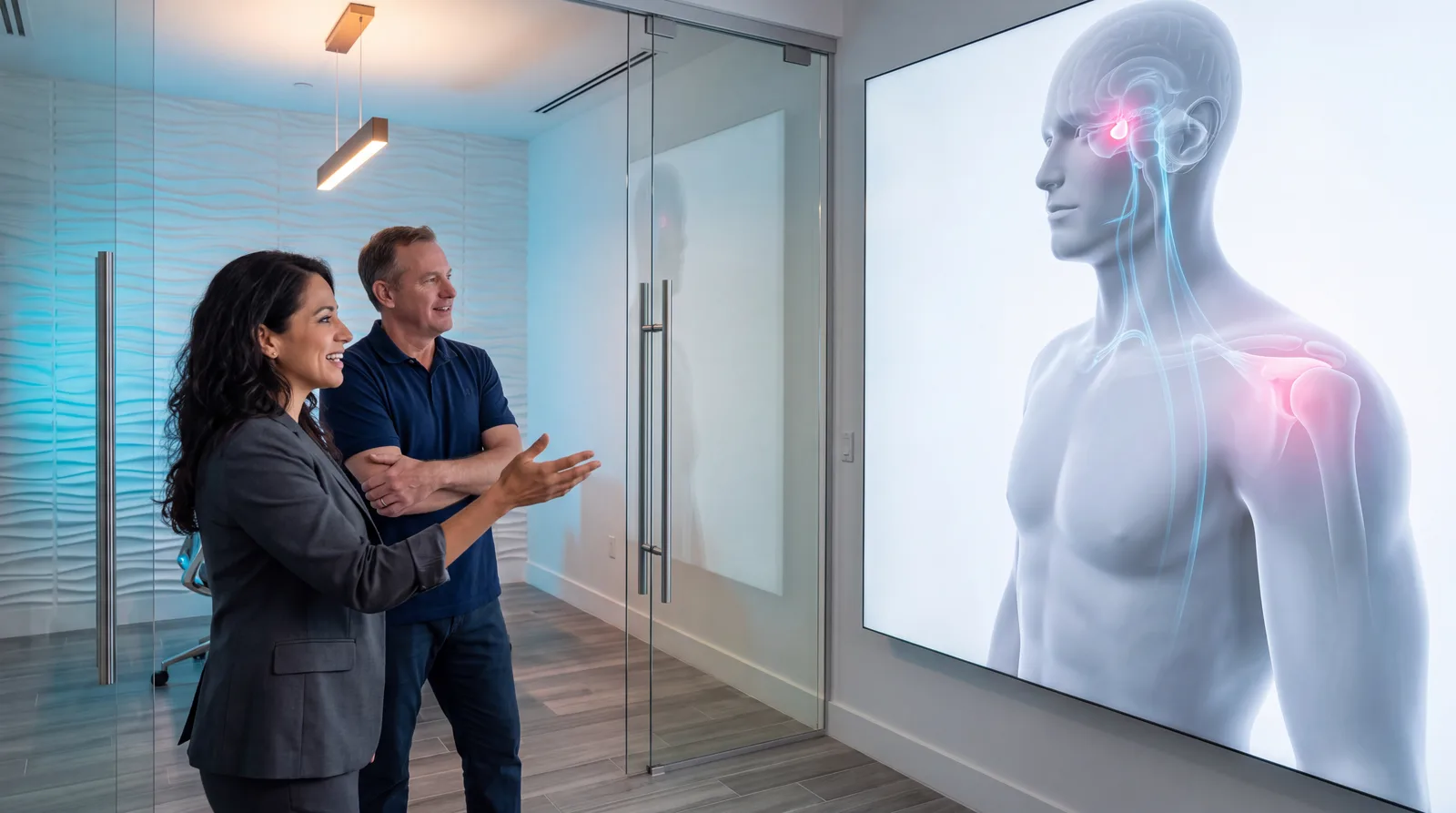 Clinician and patient beside a render of the head and shoulders with the pituitary and a shoulder tendon lit
