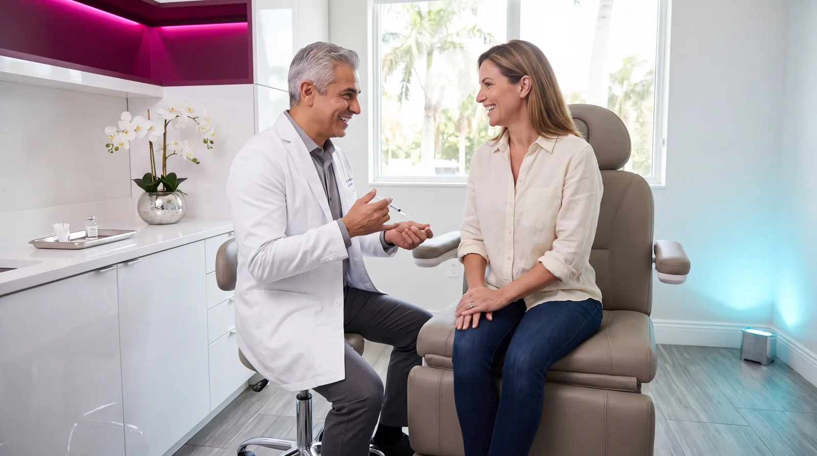 Physician showing a woman patient how to give a small subcutaneous injection in a clinic exam room