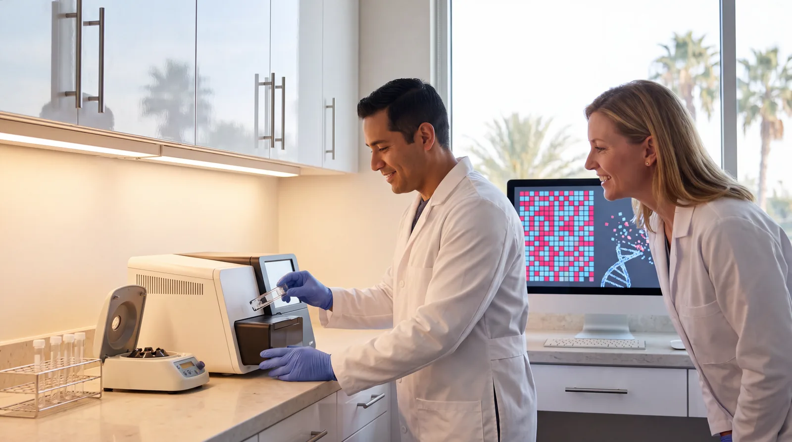 Lab scientists loading a DNA sequencer beside a cell-free DNA methylation map, the technology behind the Galleri test