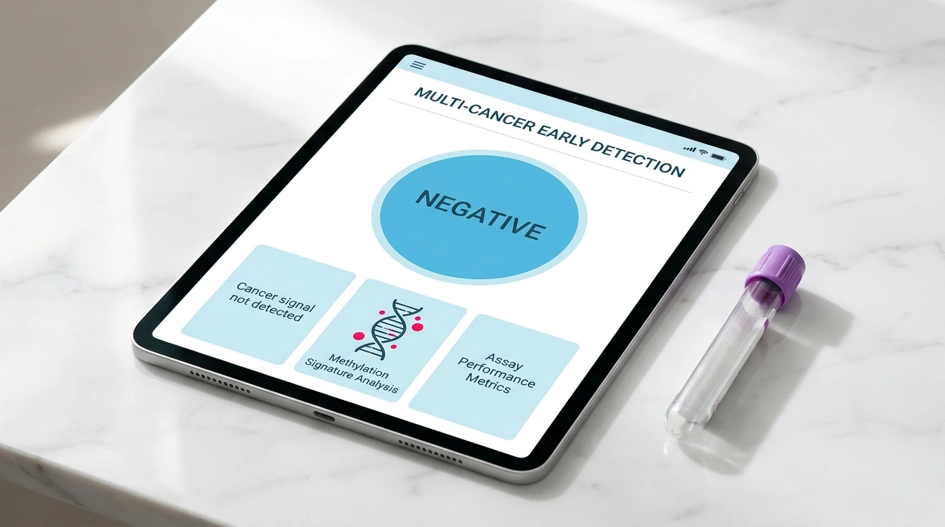Tablet showing a negative multi-cancer early detection result, cancer signal not detected, beside a blood collection tube