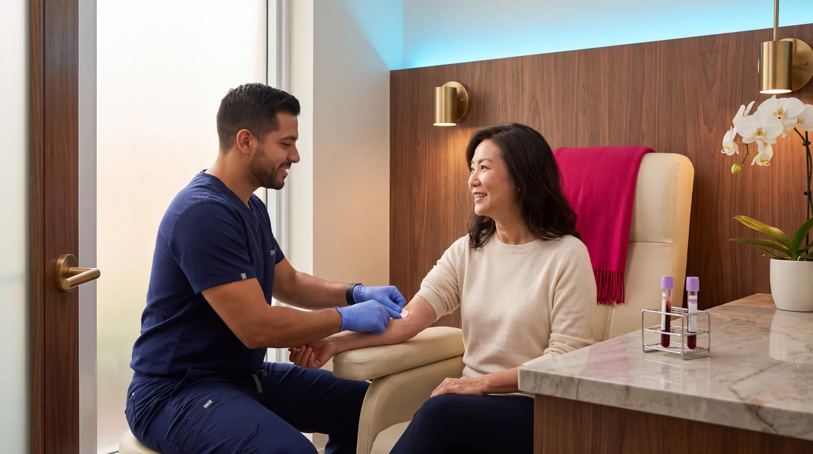 Phlebotomist bandaging a patient's arm after a quick blood draw for the Galleri multi-cancer test