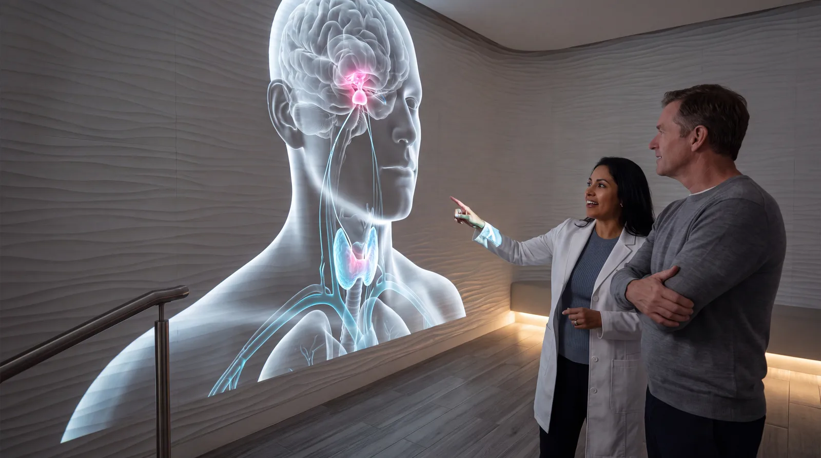 Clinician and patient standing before a large projected anatomical render of the pituitary and thyroid axis