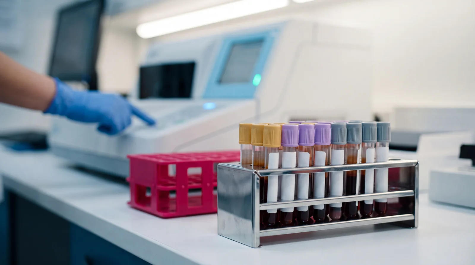 Row of filled blood tubes in a rack beside a clinical analyser in a lab