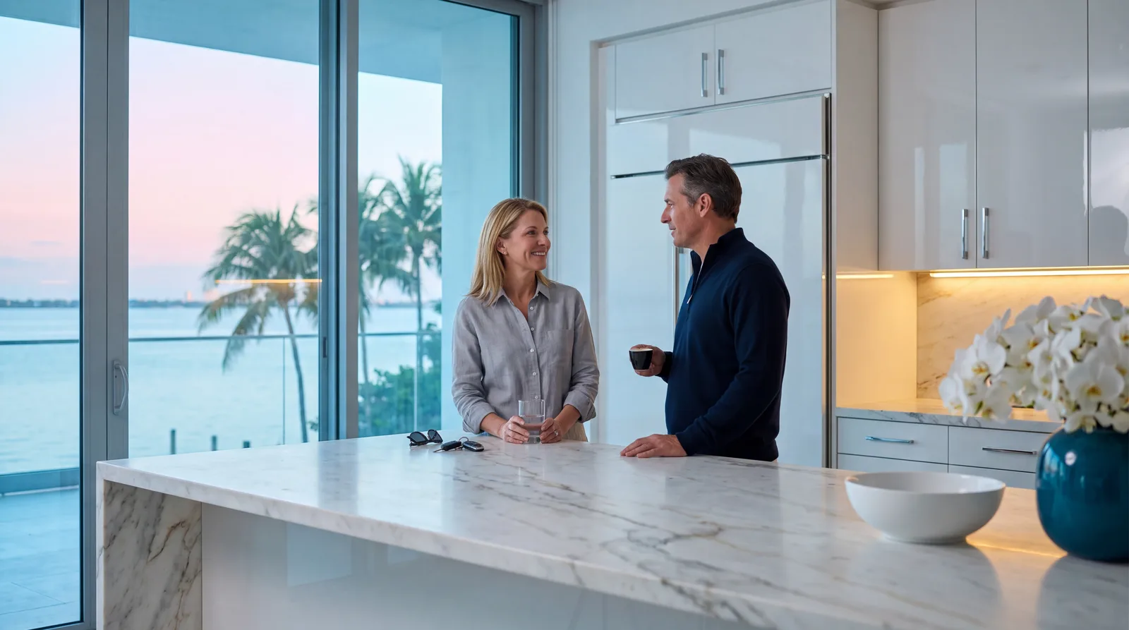 Couple in a waterfront Miami kitchen at dawn with black coffee and water before a fasted blood draw