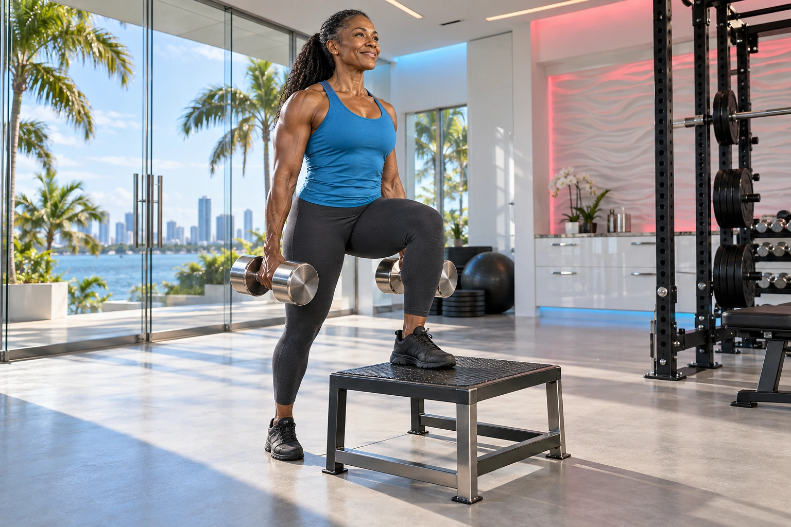An athletic Black woman in a blue tank top and charcoal leggings holds two steel dumbbells with one foot planted on a steel step platform. Sunlight enters through glass overlooking palms, water and a skyline; white gloss cabinetry, a black weight rack and a rippled white wall receive pink and blue accent light.