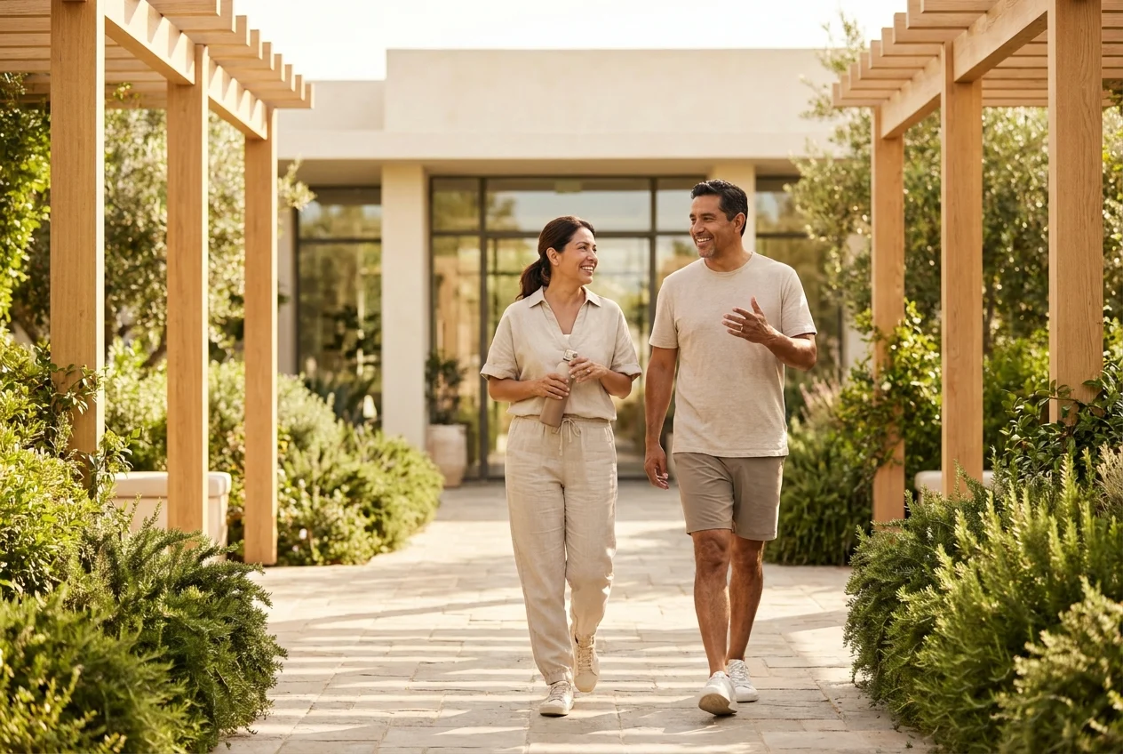 Man and woman walking briskly and talking, illustrating the conversational pace of zone 2 cardio