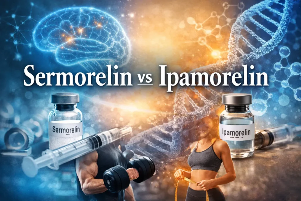 Horizontal featured image comparing sermorelin vs ipamorelin, showing peptide therapy visuals with medical imagery and the overlaid text “Sermorelin vs Ipamorelin.”