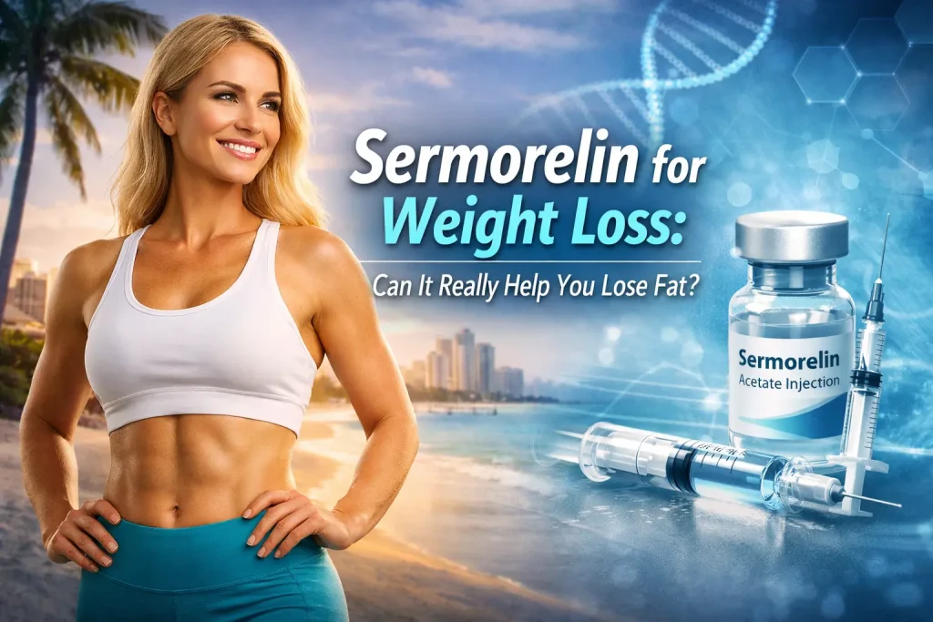 Horizontal featured image showing a fit woman on a beach with a sermorelin injection vial and syringe, with text reading “Sermorelin for Weight Loss: Can It Really Help You Lose Fat?”