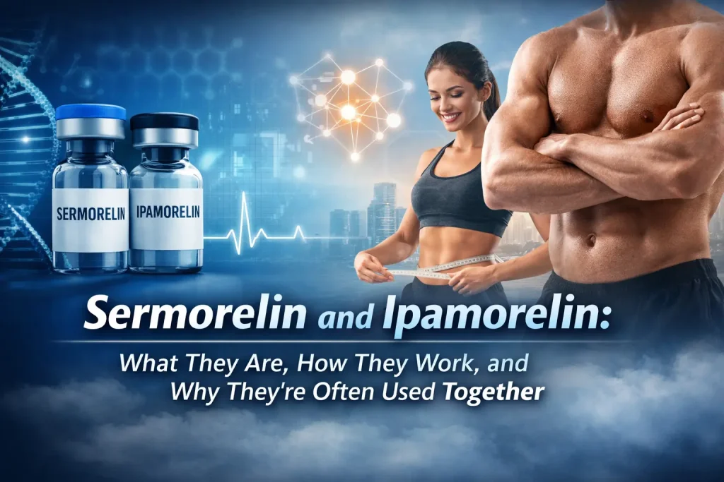 Featured image showing Sermorelin and Ipamorelin peptide vials alongside an active couple, illustrating how these peptides work together to support anti-aging, recovery, and wellness.